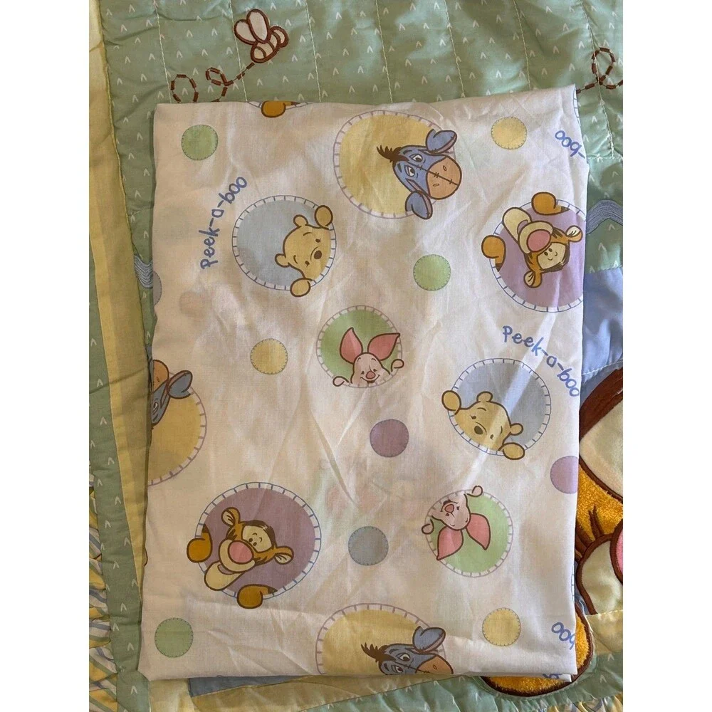 Vintage Disney Peek a Pooh Boo 3 Piece Crib Set Quilted Comforter Sheet Ruffle